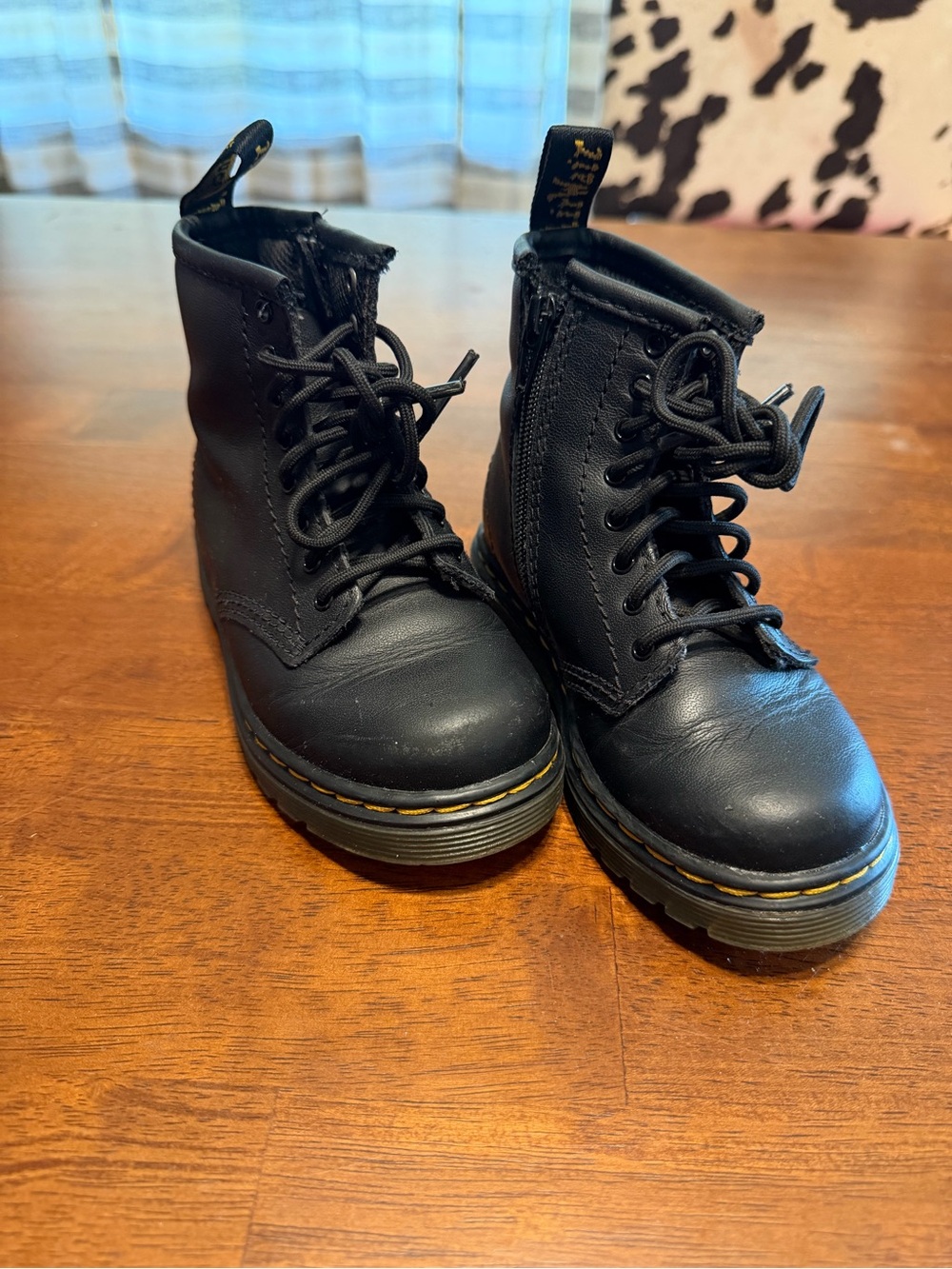 Dr. Martens Black Lace-Up Combat Boots with Yellow Welt Stitching